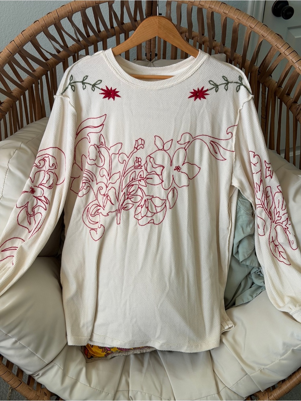 Free People Embroidered Floral Waffle Knit Long Sleeve Tee Medium Boho - Picture 4 of 16